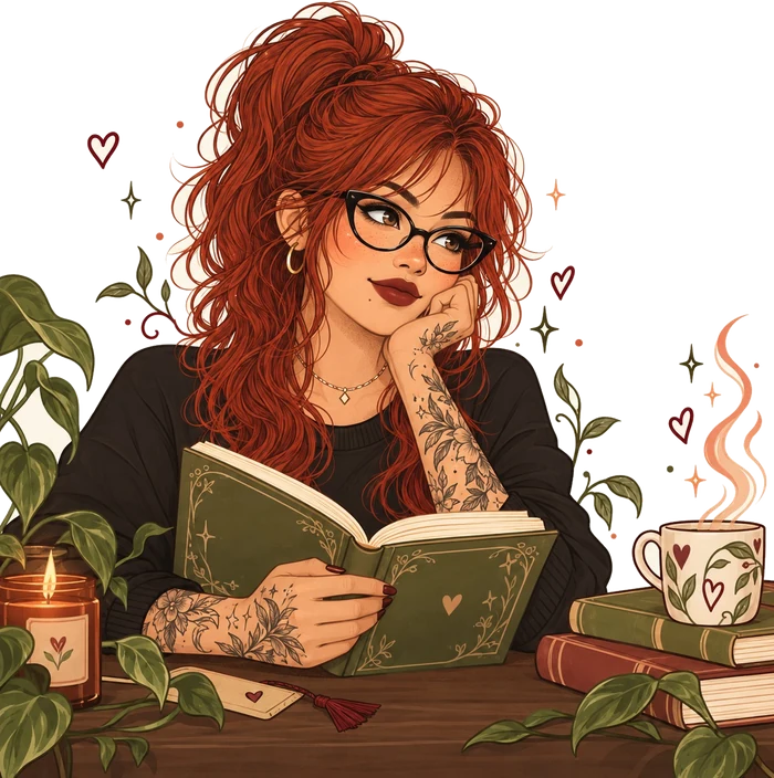 Illustration of Maren Munroe: red hair piled up, cat-eye glasses, floral tattoos, chin in hand, reading a green book beside a steaming mug and a lit candle