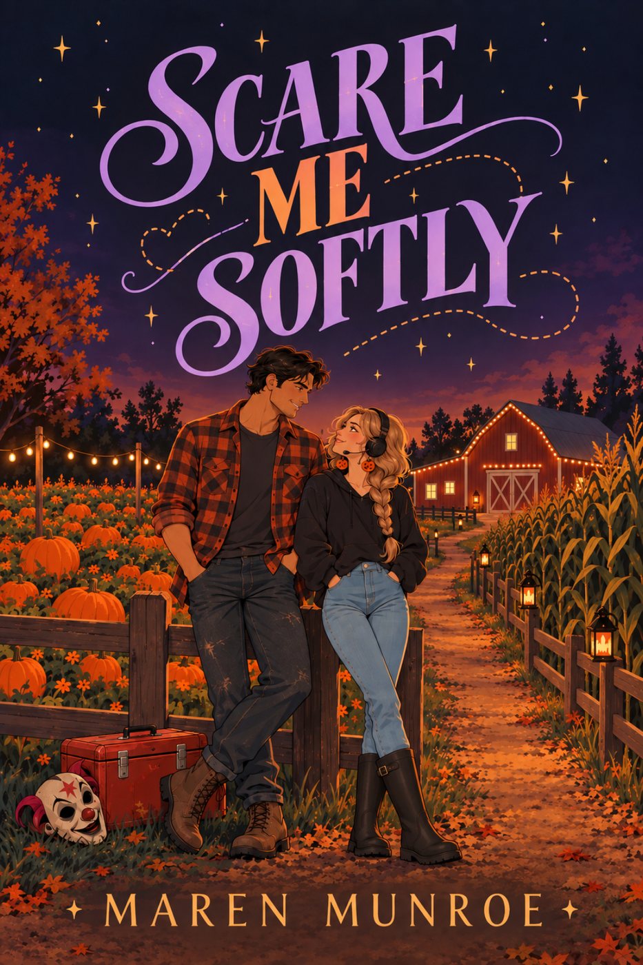 Scare Me Softly cover: Poppy and Reed lean on a fence at a lantern-lit pumpkin farm at dusk, a clown mask at their feet and a red barn behind them